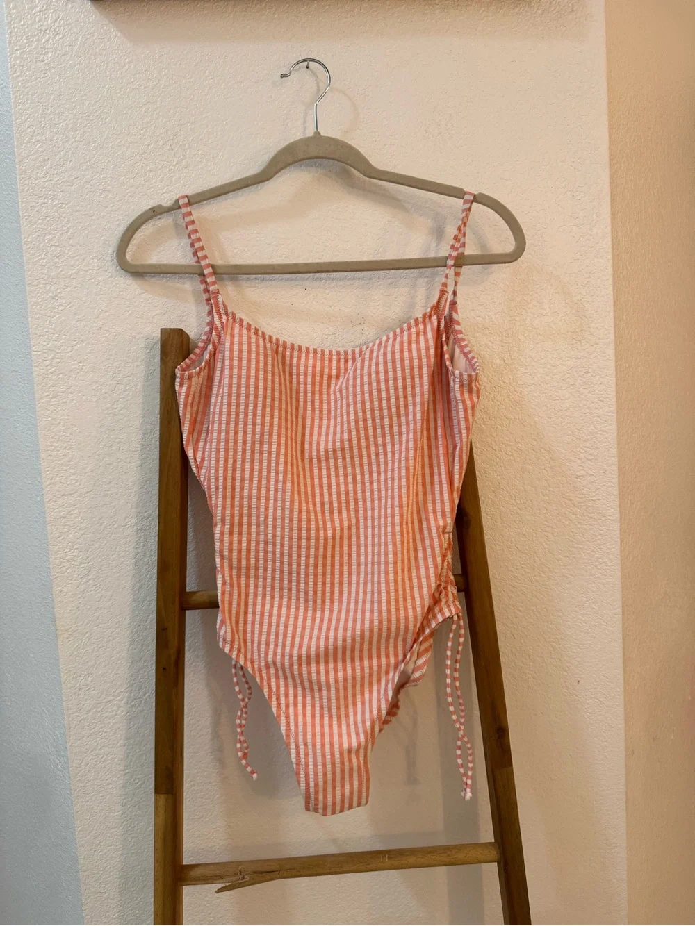 J.Crew Seersucker Striped in Coral One-Piece Swimsuit with Side Ties Sz M $110